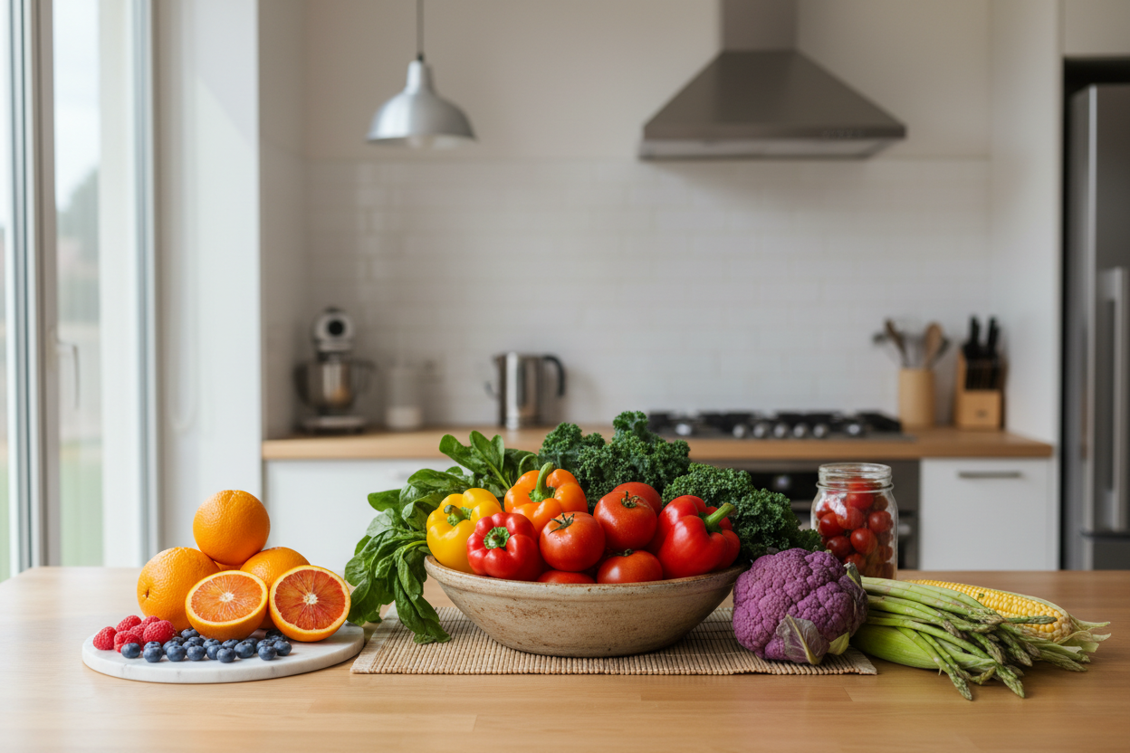 Fresh fruits and vegetables arrangement